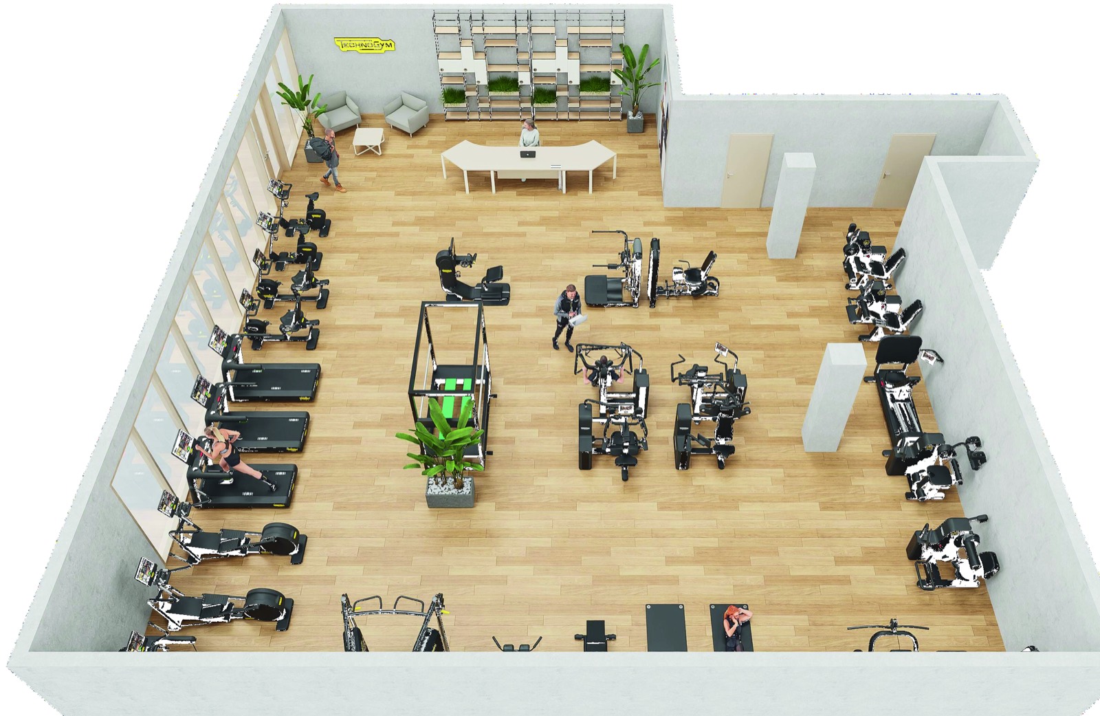 Visualisierung des neuen Trainingscenters mit Laufbändern, Kraftgeräten und Empfangsbereich